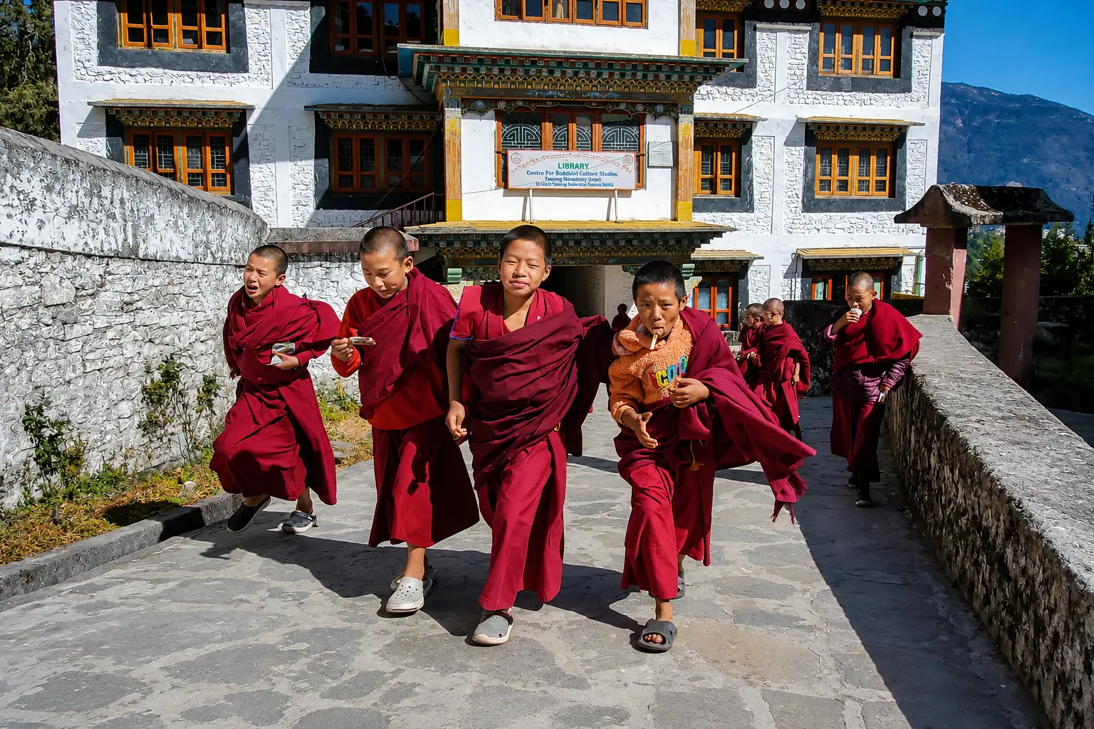 Young Monpa monks in maroon robes running along the stone path outside Tawang Monastery